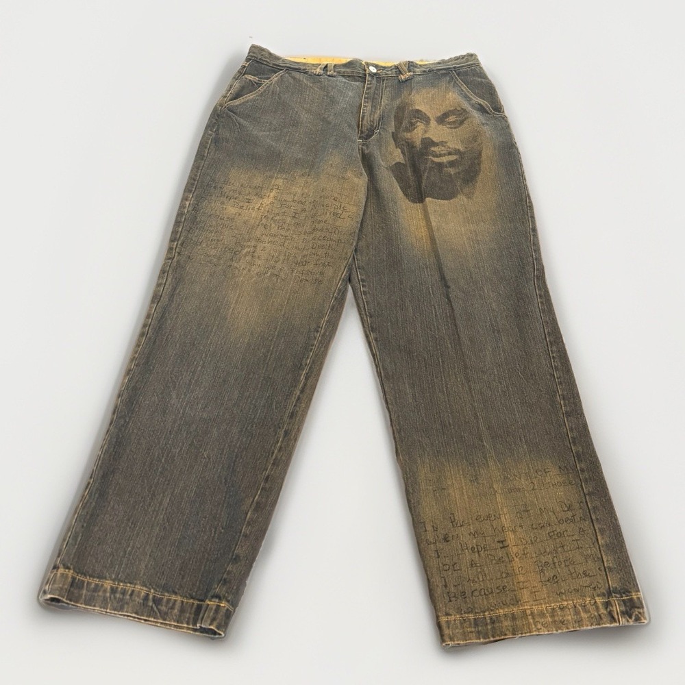 Tupac Makaveli Jeans 42x34 Baggy Denim Fade Graphic Hip Hop Y2K Grunge Rap 90s